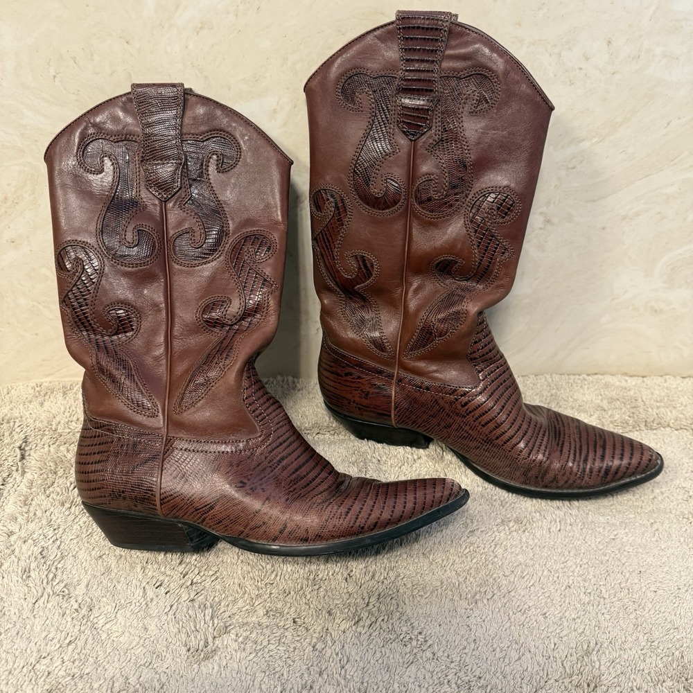 Nine West Romnee Women's Lizard Embossed Leather Cowboy Boots Size 7.5‎ Vintage